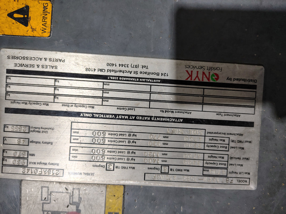 [Used] NICHIYU - 1.8T Counterbalance Forklift - SN: 216AF0142 (Lead-acid)